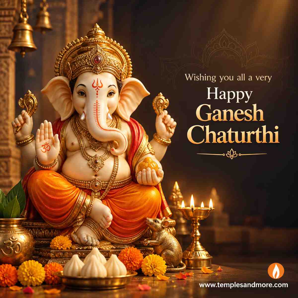 Happy Ganesh Chaturthi greeting card with a traditional Lord Ganesha idol adorned in gold jewelry, blessing devotees with modak offerings and diya lamps, Temples and More