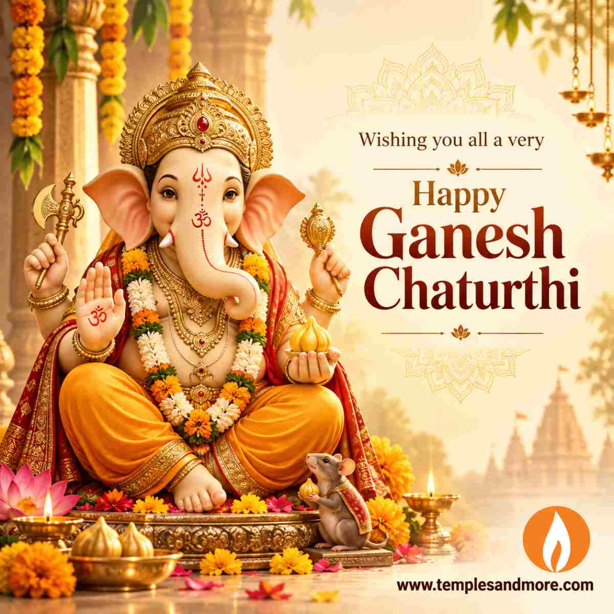 Happy Ganesh Chaturthi greeting card featuring Lord Ganesha seated with a modak, blessing devotees, with a Temples and More watermark